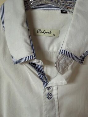 Men's White Button-Down Shirt with Blue Stripe Trim Red Jack